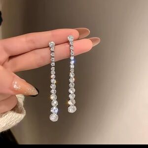 SHINY Elegant Silver Crystal Drop Earrings, long fancy classy earrings CZ stones